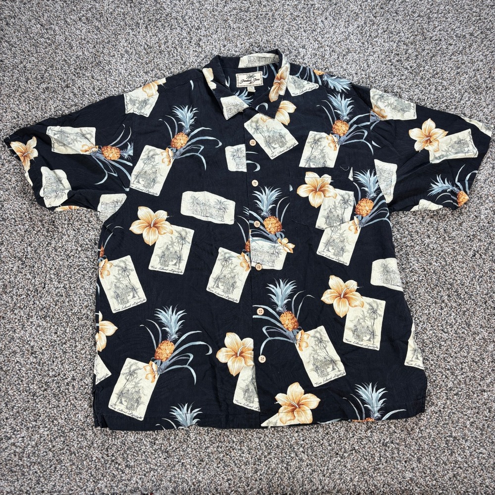 Jamaica Jaxx Mens XL Silk Hawaiian Shirt Black Pineapple Hibiscus Tropical Print
